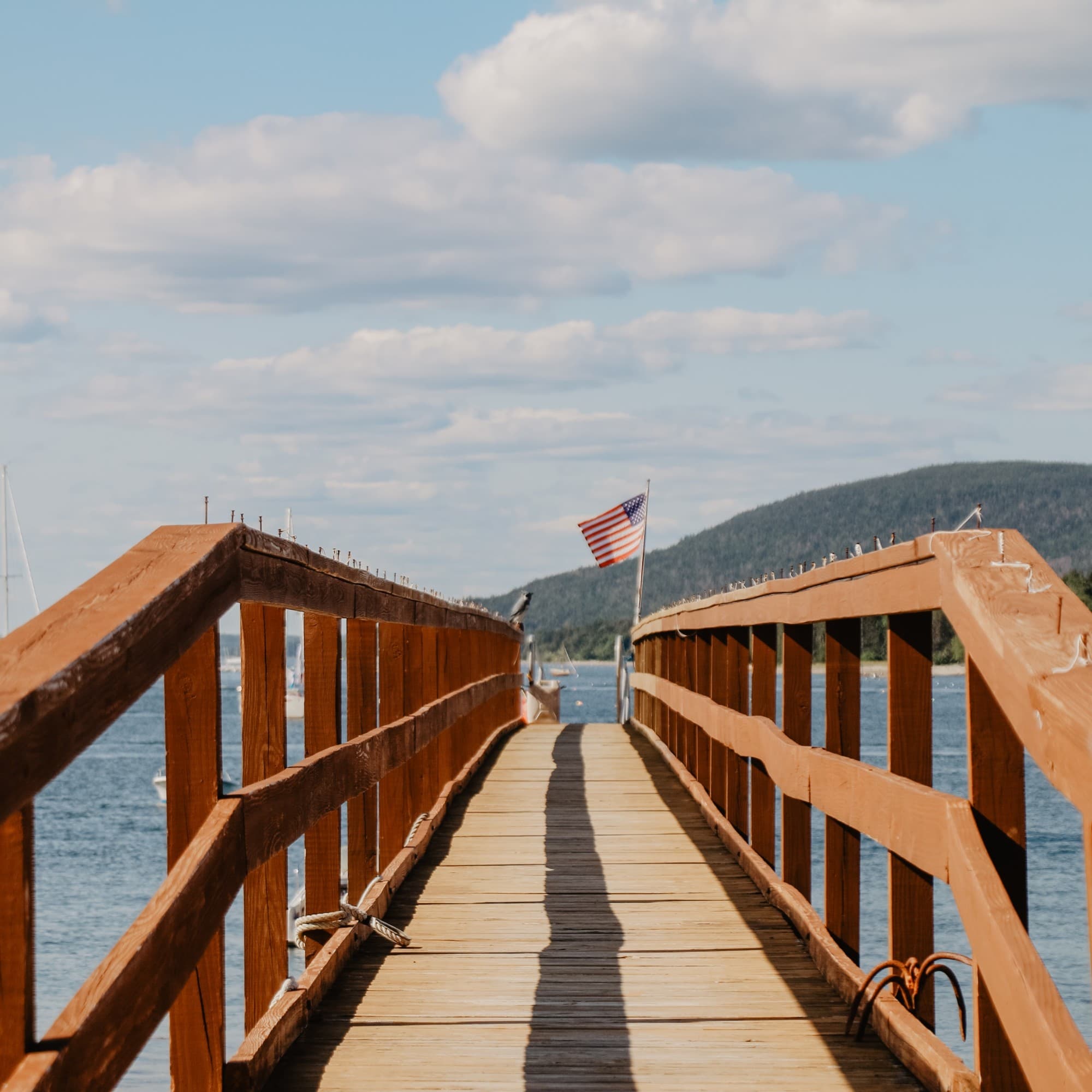 Dock with railing near boats during day.