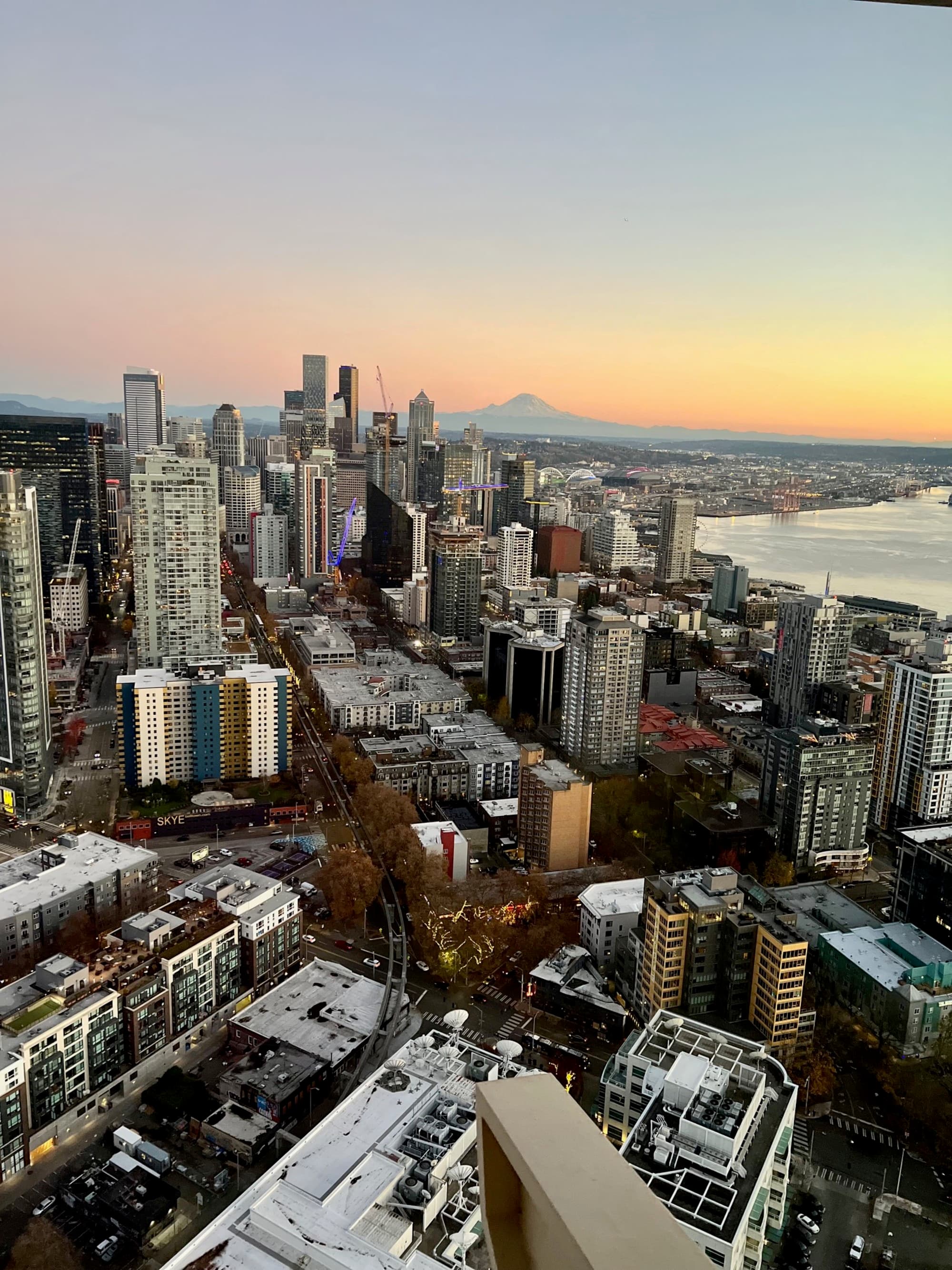 An aerial view from top of Space Needle during the daytime hours.
