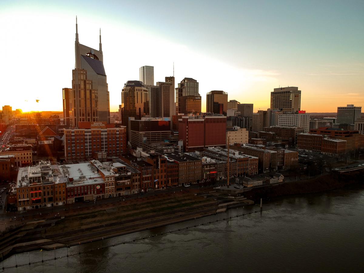 Skyline of Nashville Tennessee during sunset.