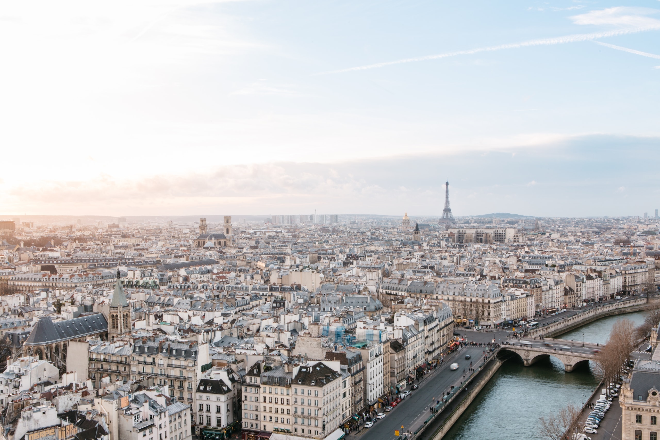 city view of Paris with the Eiffel tower and river running through and clusters of tan buildings