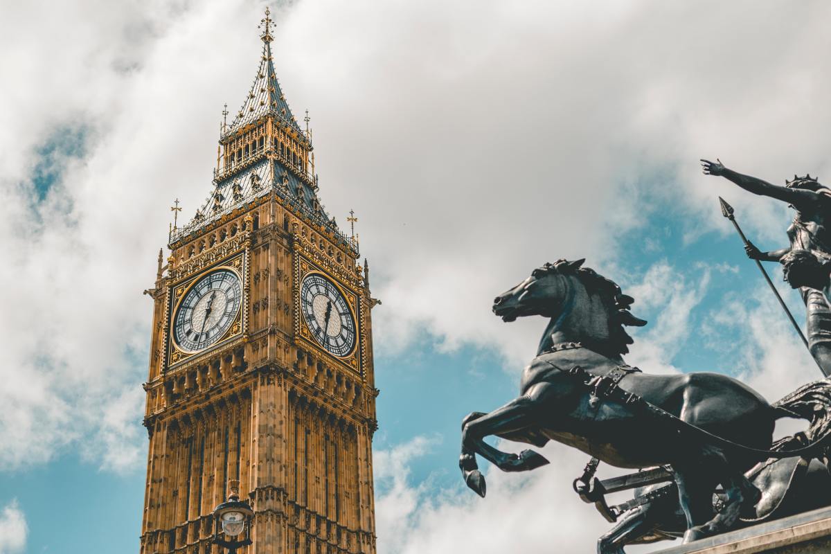 Big Ben in London on a sunny day with clouds.