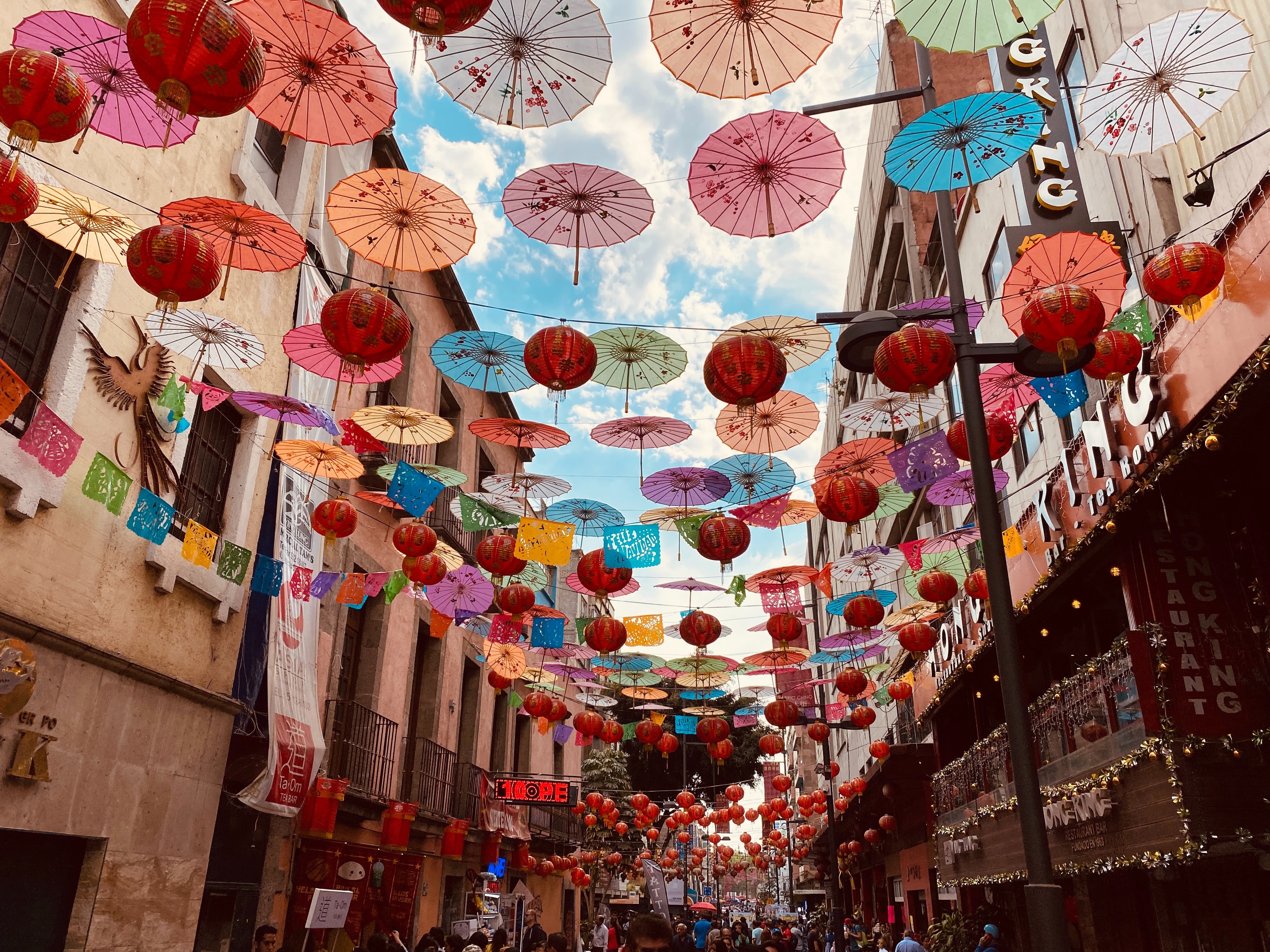Hanging umbrellas in street in Mexico City