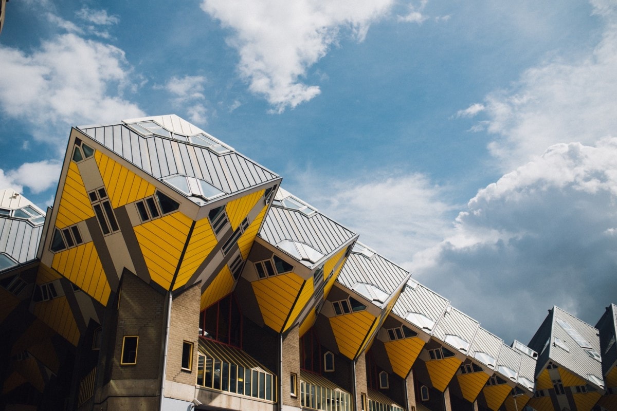 low-angle view of a modern, geometric building